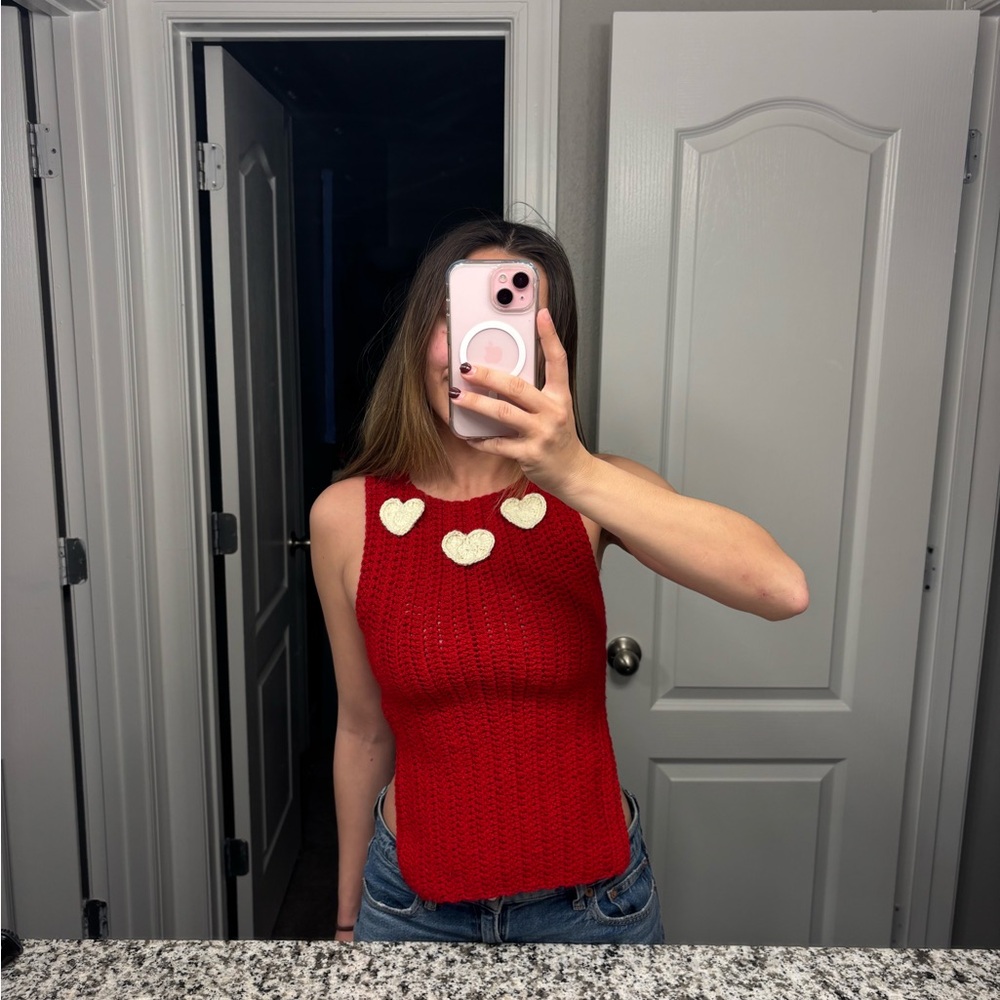 Red Heart-Embellished Crochet Top